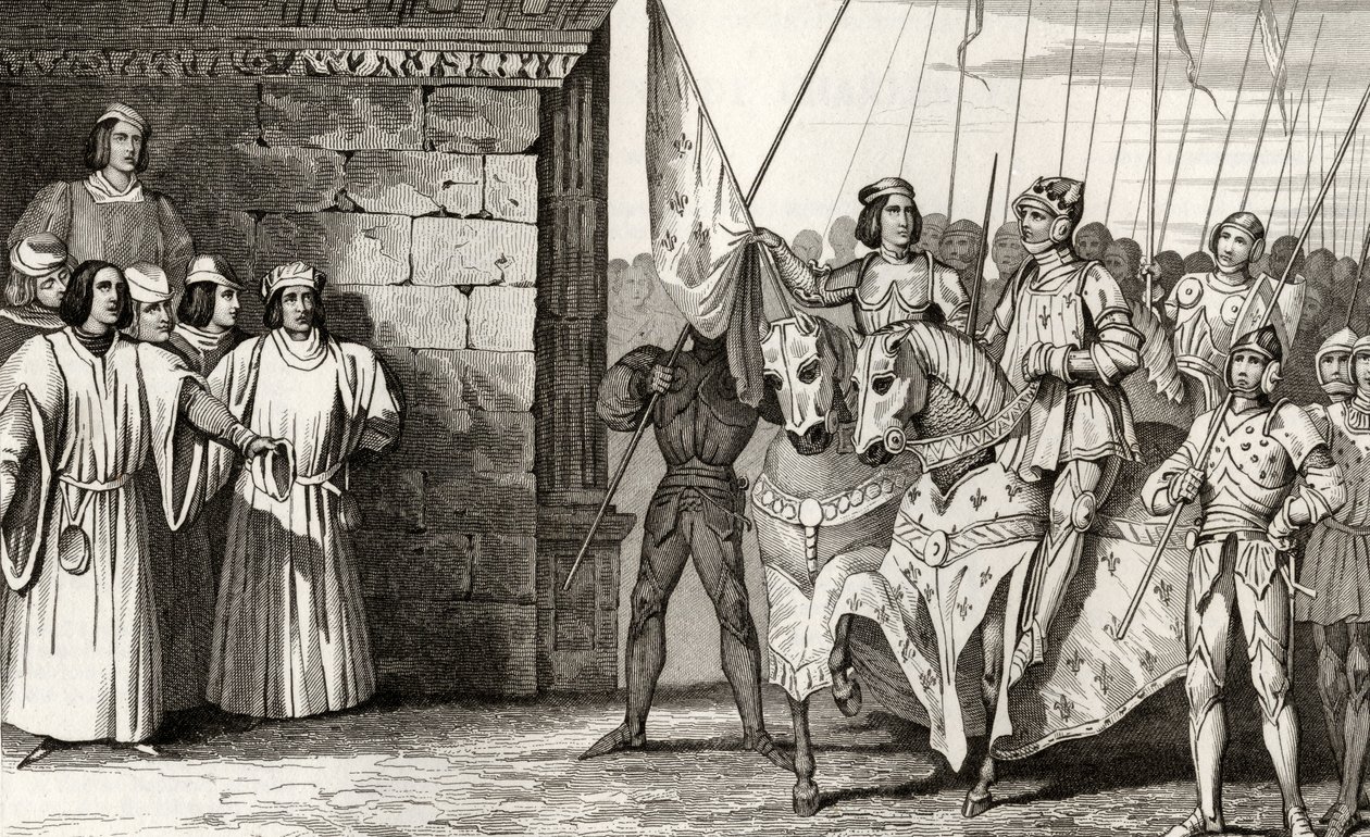 Joan of Arc arrives at Rheims in 1429 to attend the coronation of Charles VII, from 