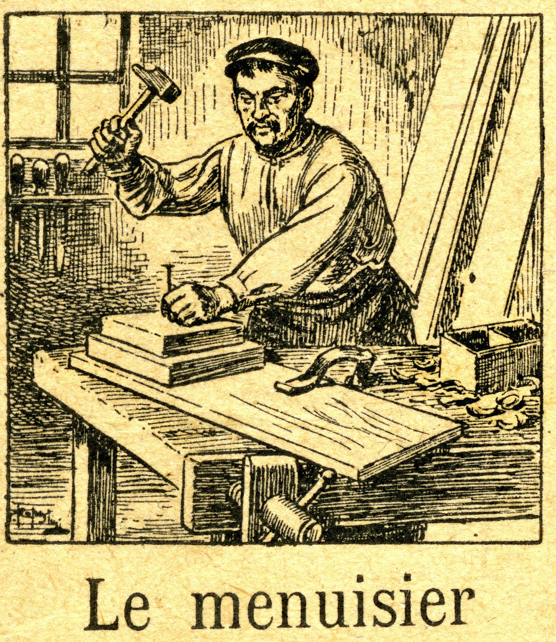 Joiner planting a tip with a hammer in an assembly of boards on his bench (engraving) by French School