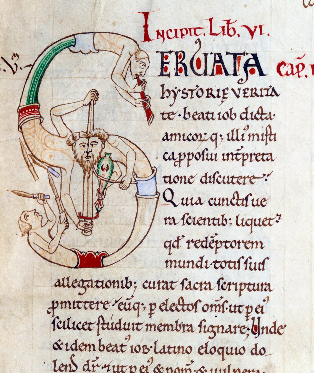 Jugglers and musicians - lettrine S (initial). Miniature from the manuscript Moralia in Job, Morales sur Job by Saint Gregoire, from the citeaux abbey by French School