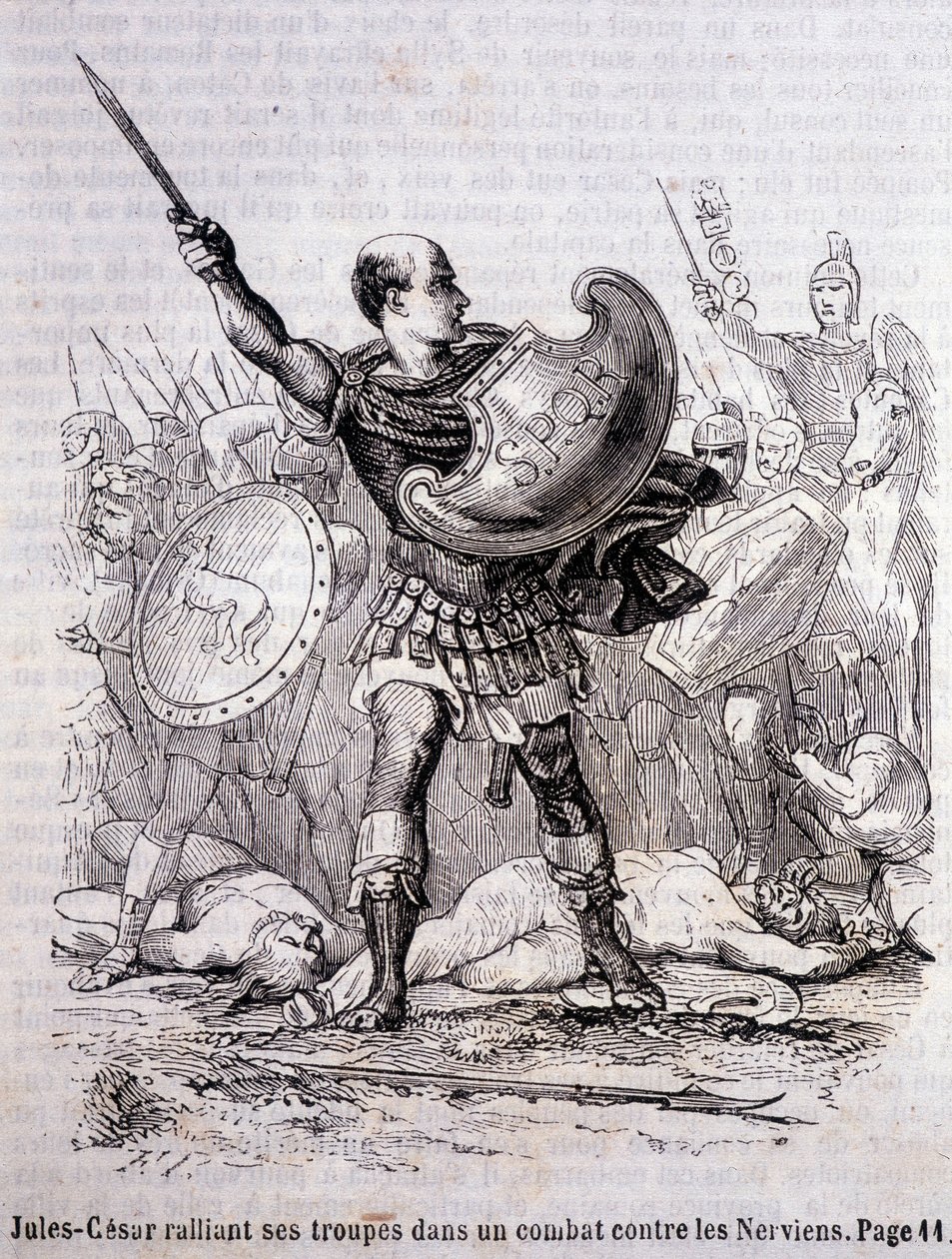 Julius Caesar rallies his troops in a fight against the Nerviens - in Histoire de France by L.-P. Anquetil by French School
