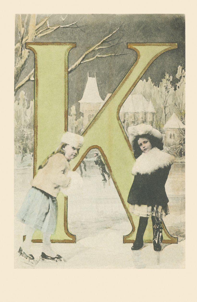Two girls, sliding and ice skating in winter by French School