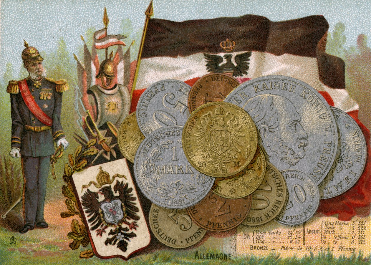 Kaiser Wilhelm I standing beside the flag of the Kingdom of Prussia and a display of German Deutschmarks, c.1890 by French School