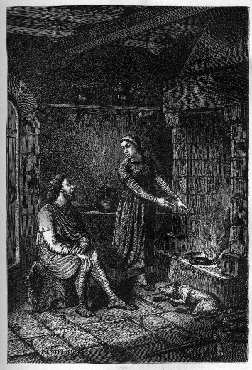King Alfred the Great forgets the cakes prepared by the Danish house under her roof at Athelney, and burns them, 878 (engraving) by French School