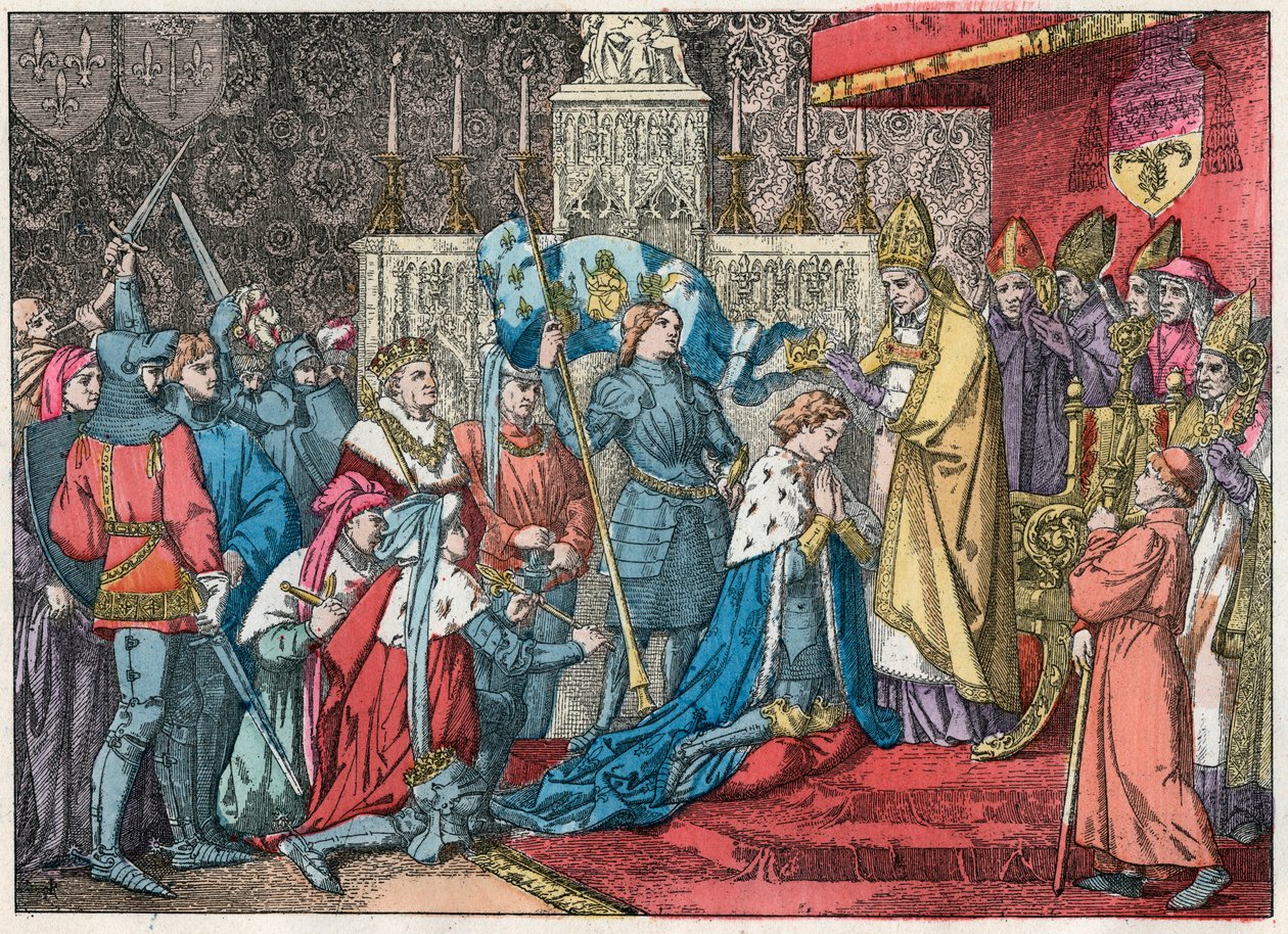 King Charles VII (1403-1461) receives the crown in the Cathedral of Reims on 17/07/1429 in the presence of Joan of Arc (1412-1431) - Joan of Arc takes part in the coronation ceremony of Charles VII in Reims on 17 July 1429 - Engraving of the end of the 19t by French School