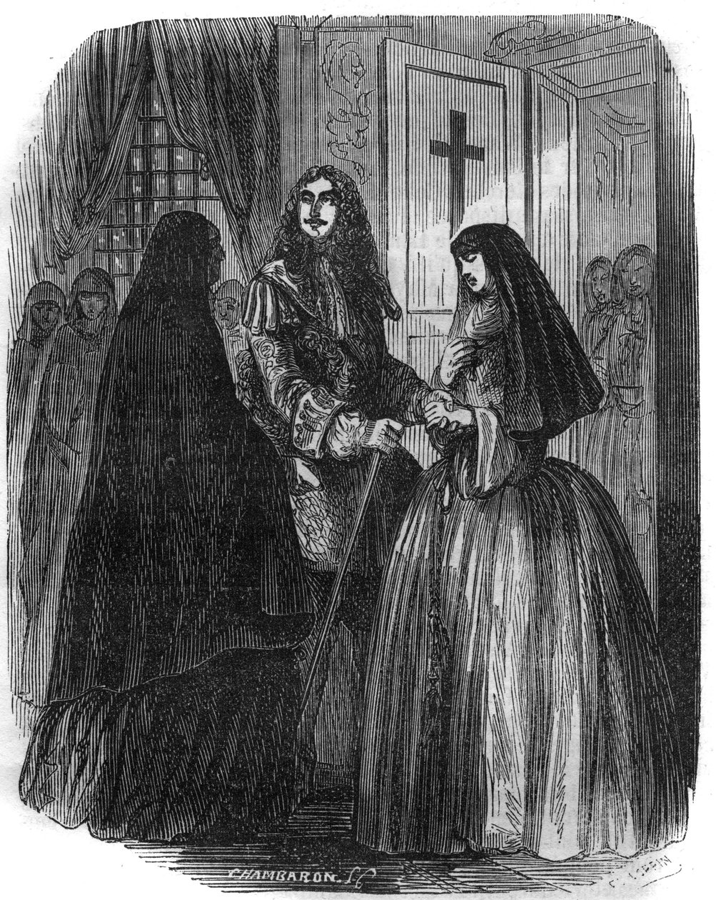 King of France Louis XIV (1638-1715) with Louise Francoise de la Valliere (1644-1710). Engraving of the 19th Century by French School