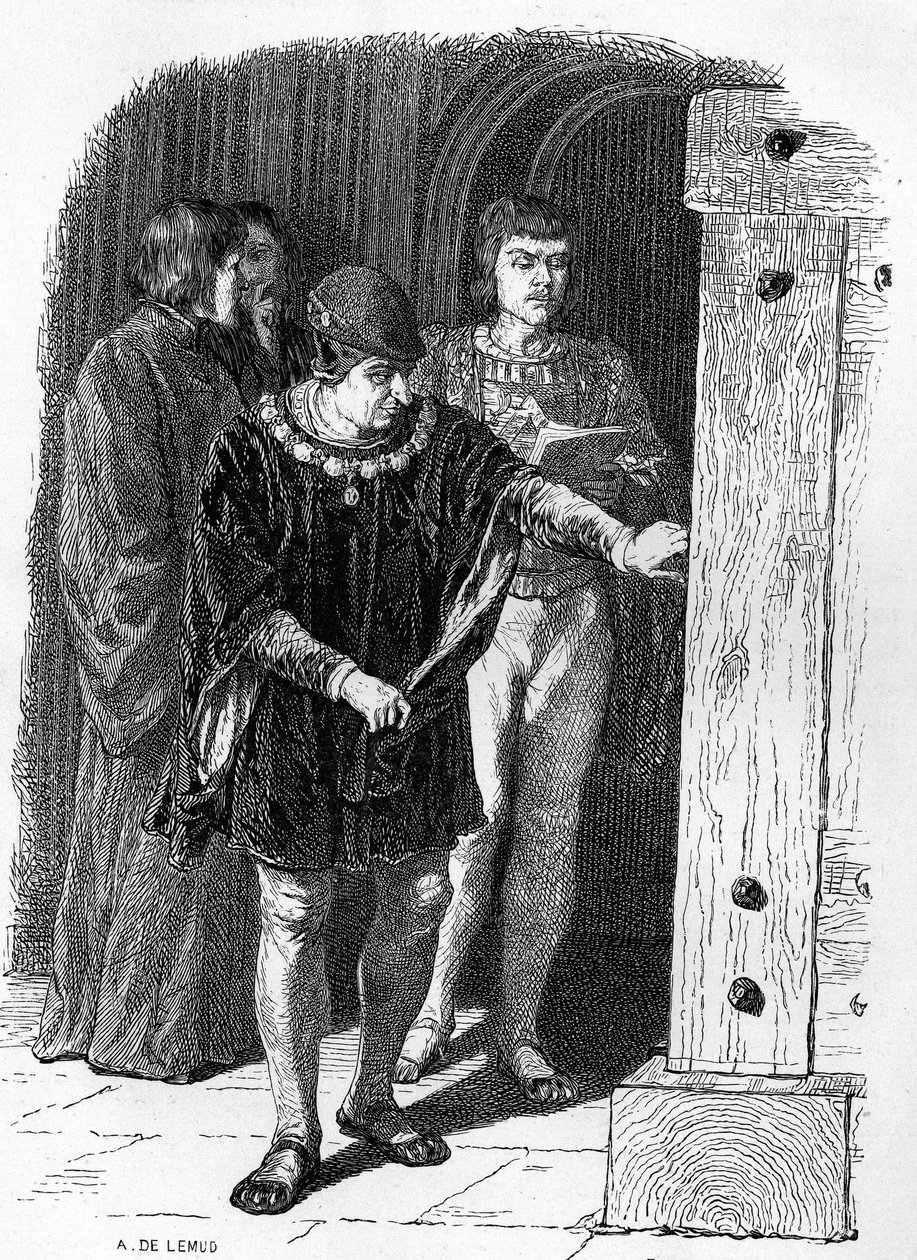 King of France Louis XI visiting the cages of the Bastille. Engraving in 