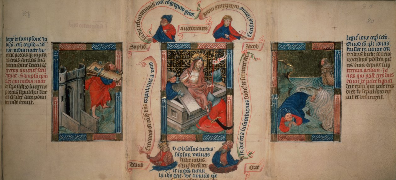 The Resurrection, Samson breaking down the gates of Gaza, Jonah escaping from the whale, from the Biblia Pauperum, early 15th century by French School