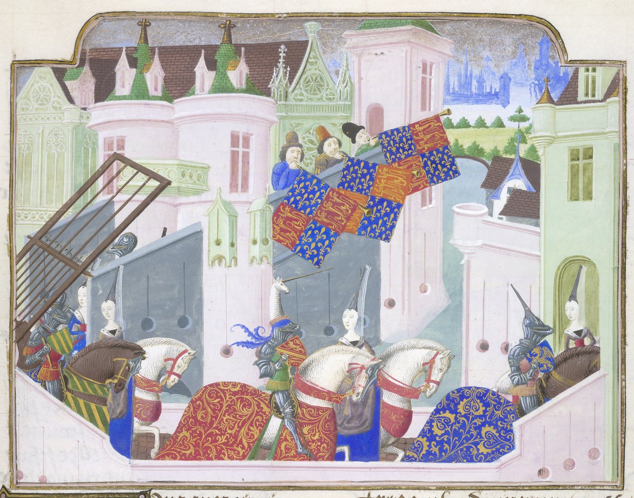 Knights and ladies ride out to a tournament in London, from Froissart