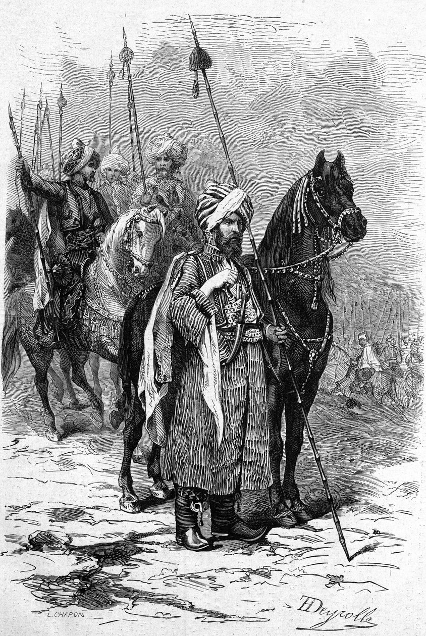 Kurdish soldiers in 1877 during the Eastern War (1875-1878) also called the Russo-Turkish War. Engraving in Le Monde Illustré n°1055 of June 30 by French School