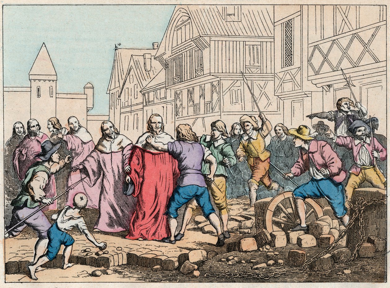 La Fronde (27 August 1648) - barricades in Paris: a rotor boy threatening the President of Parliament, Mathieu Mole (1584-1656) - President Mole manhandled by insurgents - Engraving of the end of the 19th century in 