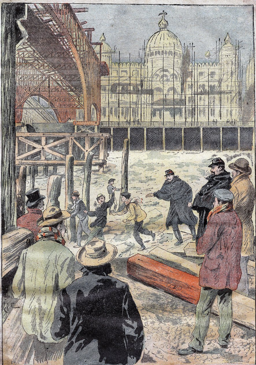 The frozen Seine, near the iron bridge built for the universal exhibition, next to the Pont des Invalides, winter 1899. Engraving in 