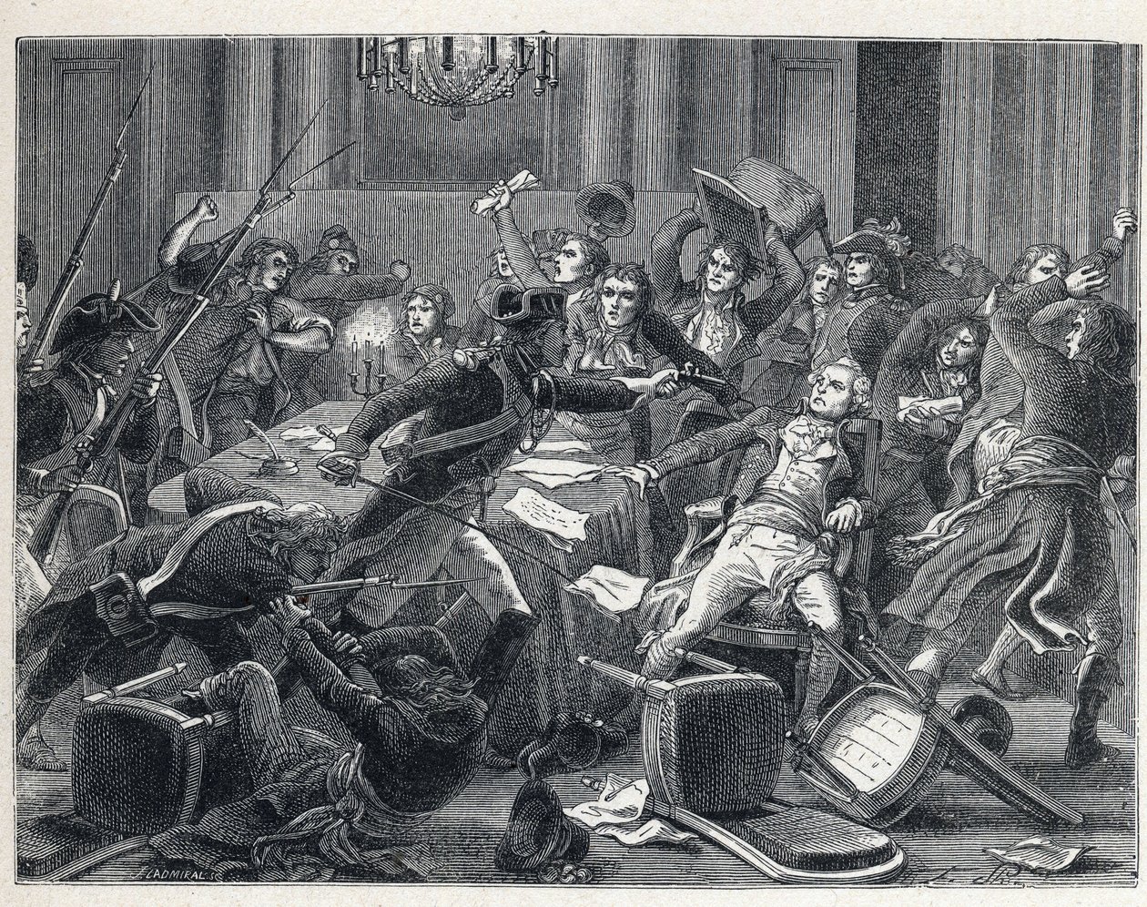 The Terror during the French Revolution: arrest of Maximilian de Robespierre (1758-1794) and his supporters reunited at the Hotel de Ville de Paris on 9 Thermidor year II (27 July 1794). In the center, a gendarme fired a pistol at Robespierre by French School