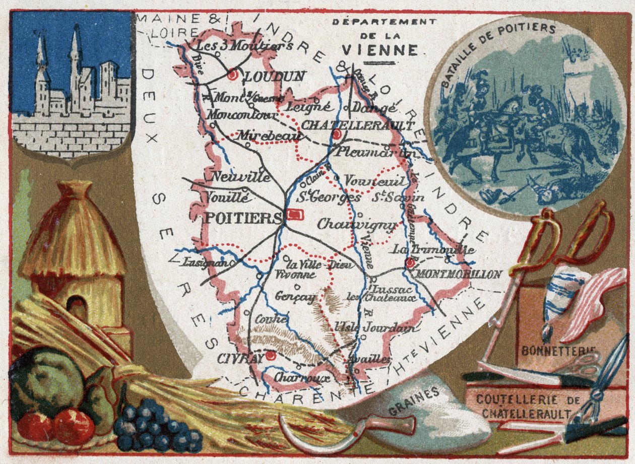 La Vienne (86), Poitou-Charentes, France. Seeds, Chatellerault Cutlery and Hosiery. Series on the French Departments. Chromolithography 