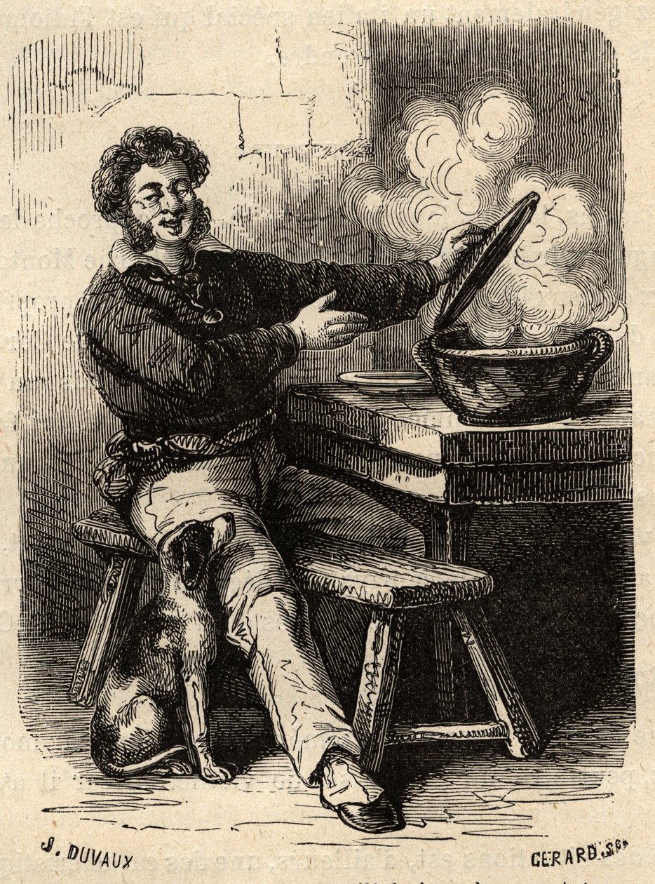 La bouillabaisse of the Marseillais sailor in the 19th century - engraving in PATRIE - DESCRIPTION PACUREQUIRESSE DE LA FRANCE EN 6 VOLUMES BY LUCIEN HUARD - end 19th century by French School