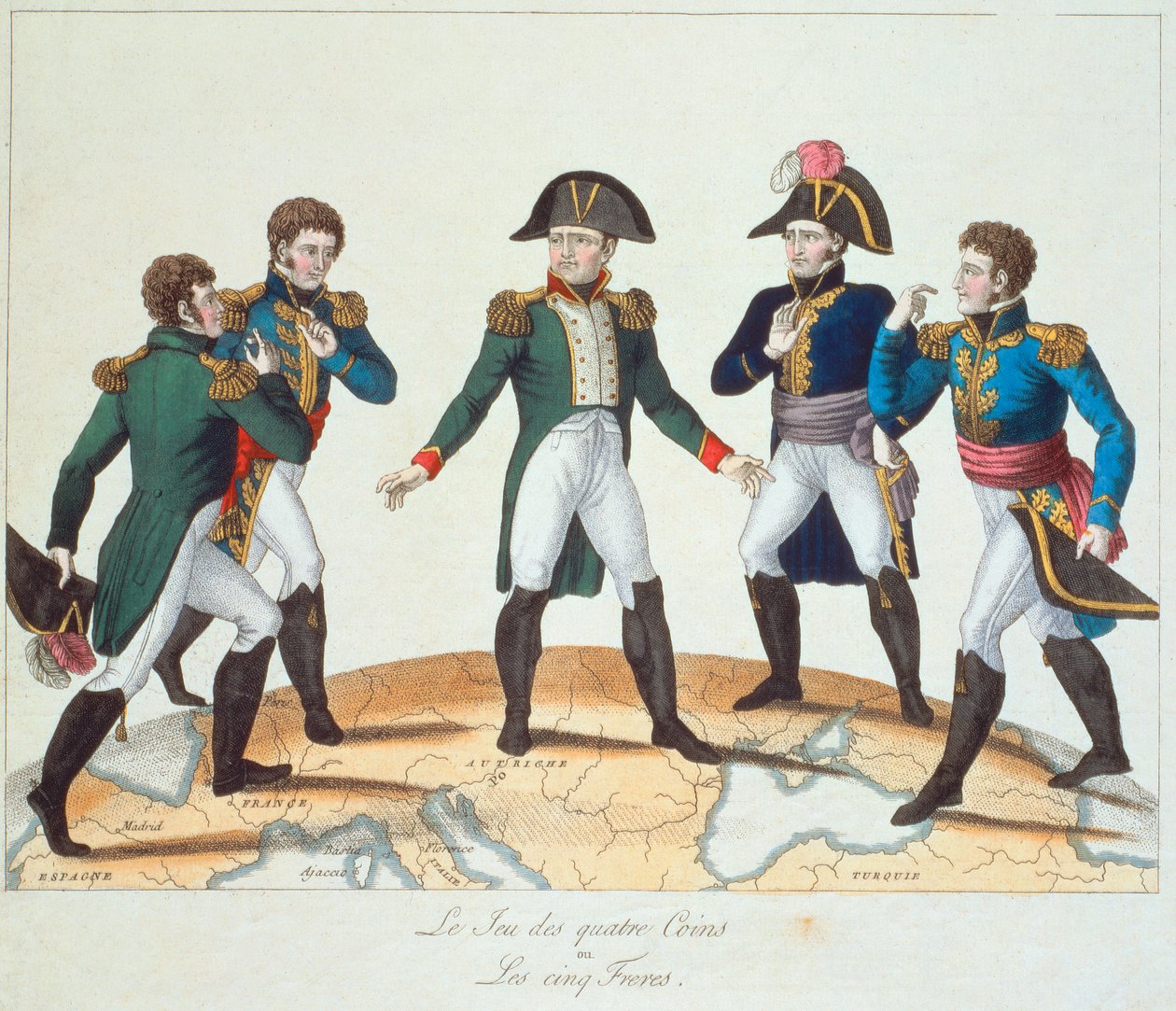 The Game of Four Corners or The Five Brothers, Bonapartist cartoon depicting Napoleon and his brothers, 1808 by French School