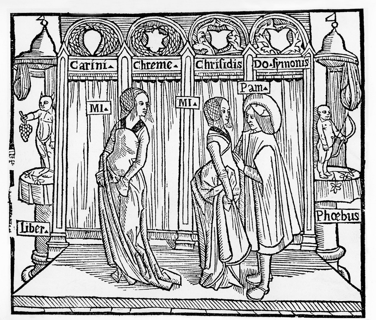 Theatre in the Middle Ages: Three Characters on Stage - Engraving by Terence de Jean Trechsel, ed. in Lyon by French School