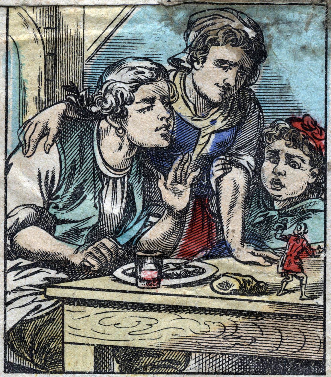 Lemuel Gulliver on the table of the Glumdalclitch family, in the land of the giants of Brobdingnag. Illustration for "Gulliver