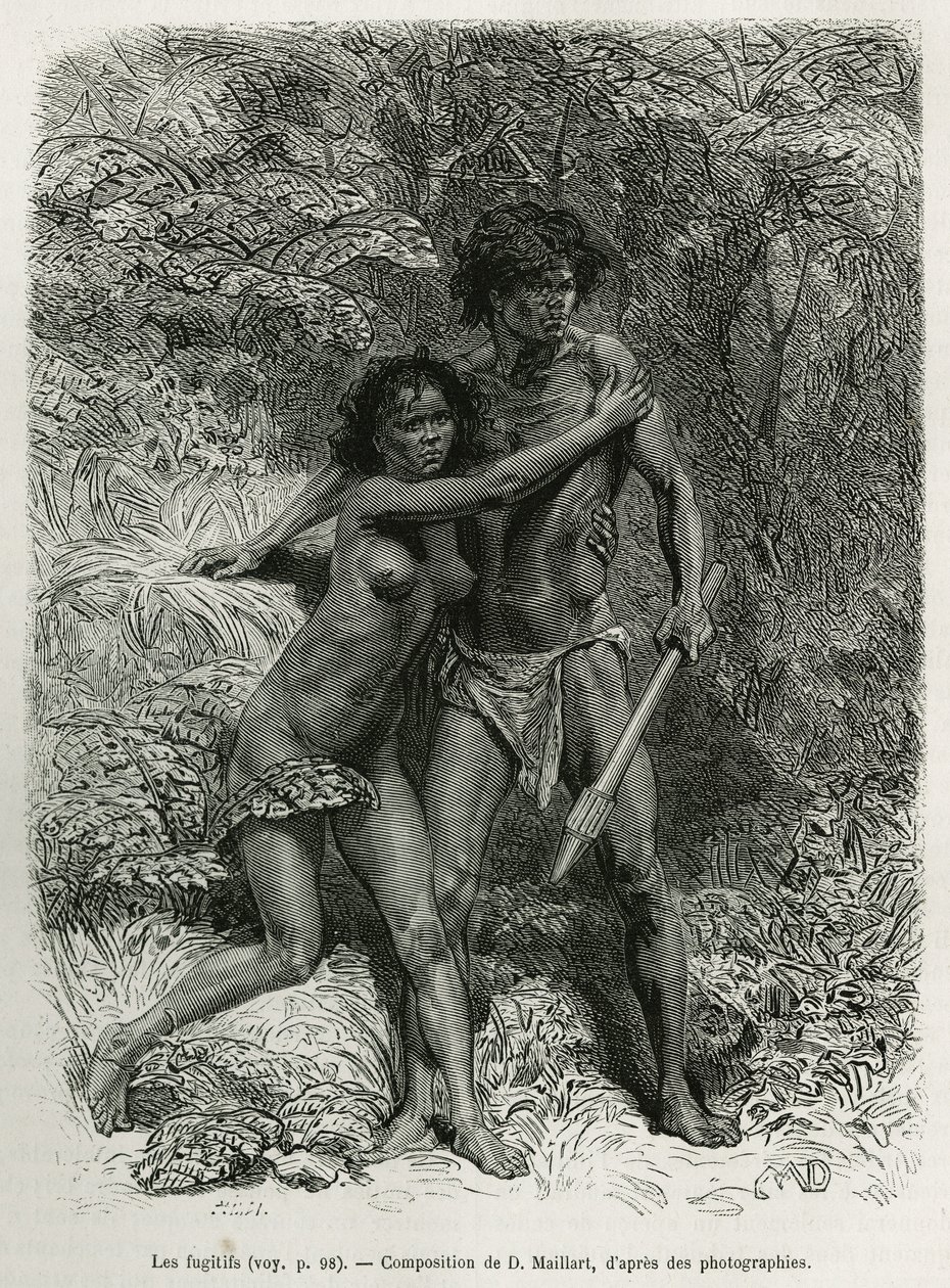 Les Fugitives Aborigenes, Engraving after a Drawing by D. Maillart, to Illustrate the Story Six Months in Australia, by Desire Charnay, a Mission Assignment by the Ministry of Public Education, in 1878, Published in the Tour du Monde, under the Direction o by French School
