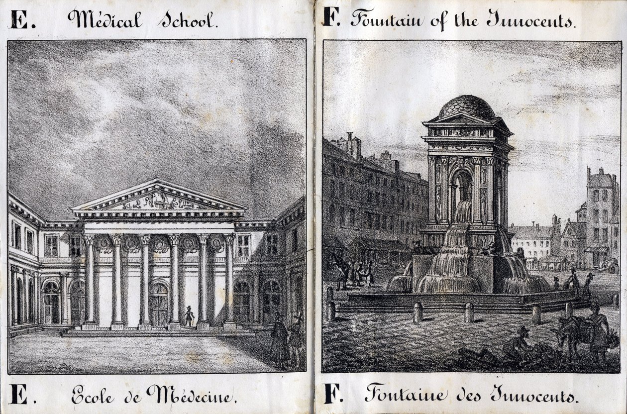 Letter E and F: School of Medicine and the Fountain of the Innocents by French School