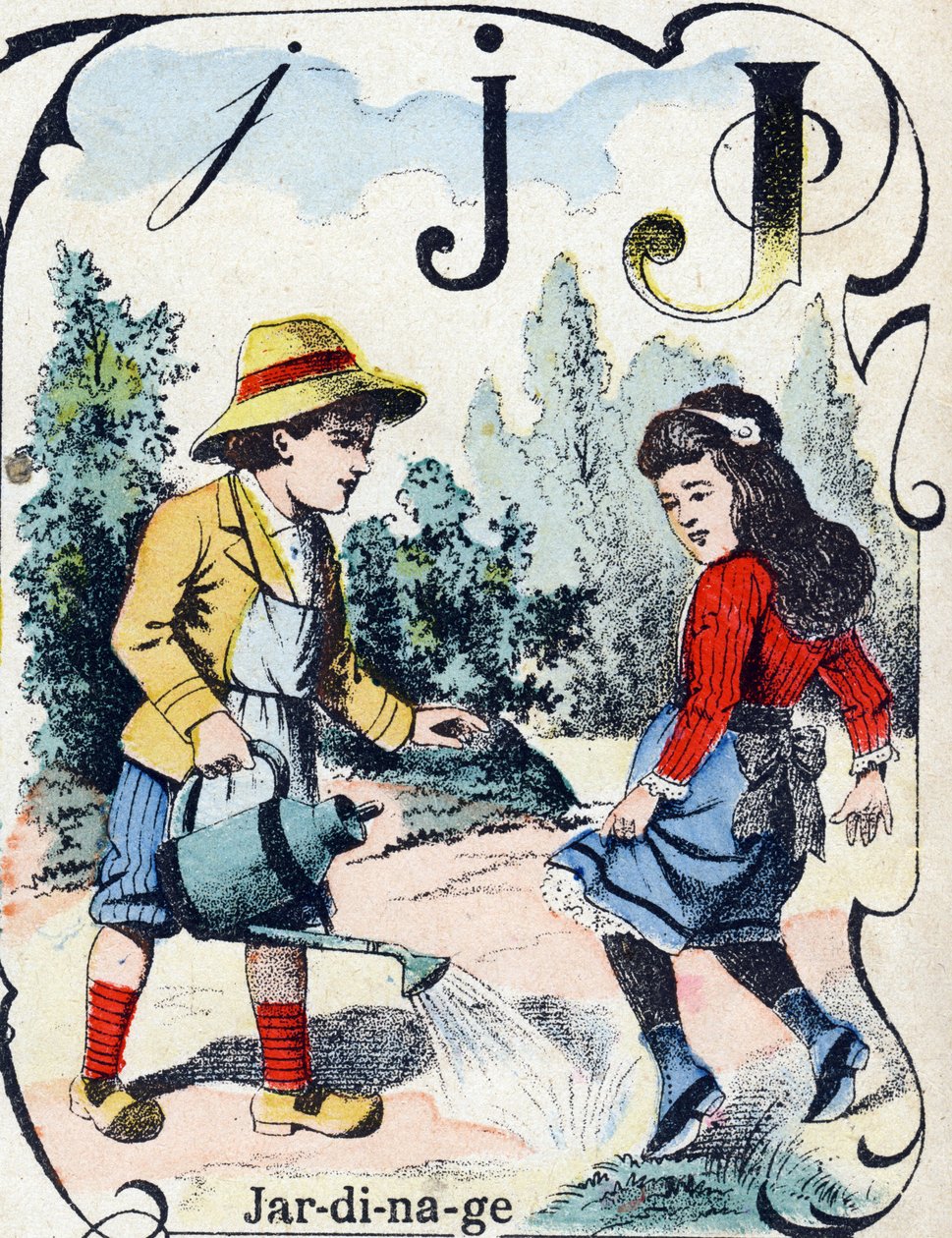 Letter J: Gardening. Engraving in "ABC des joux pour petits boys". Late 19th century by French School