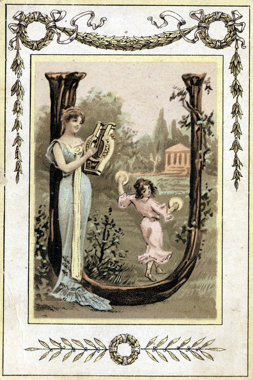 Letter representing a mother playing lyre and her daughter dancing with timpani, late 19th century (chromolithograph) by French School
