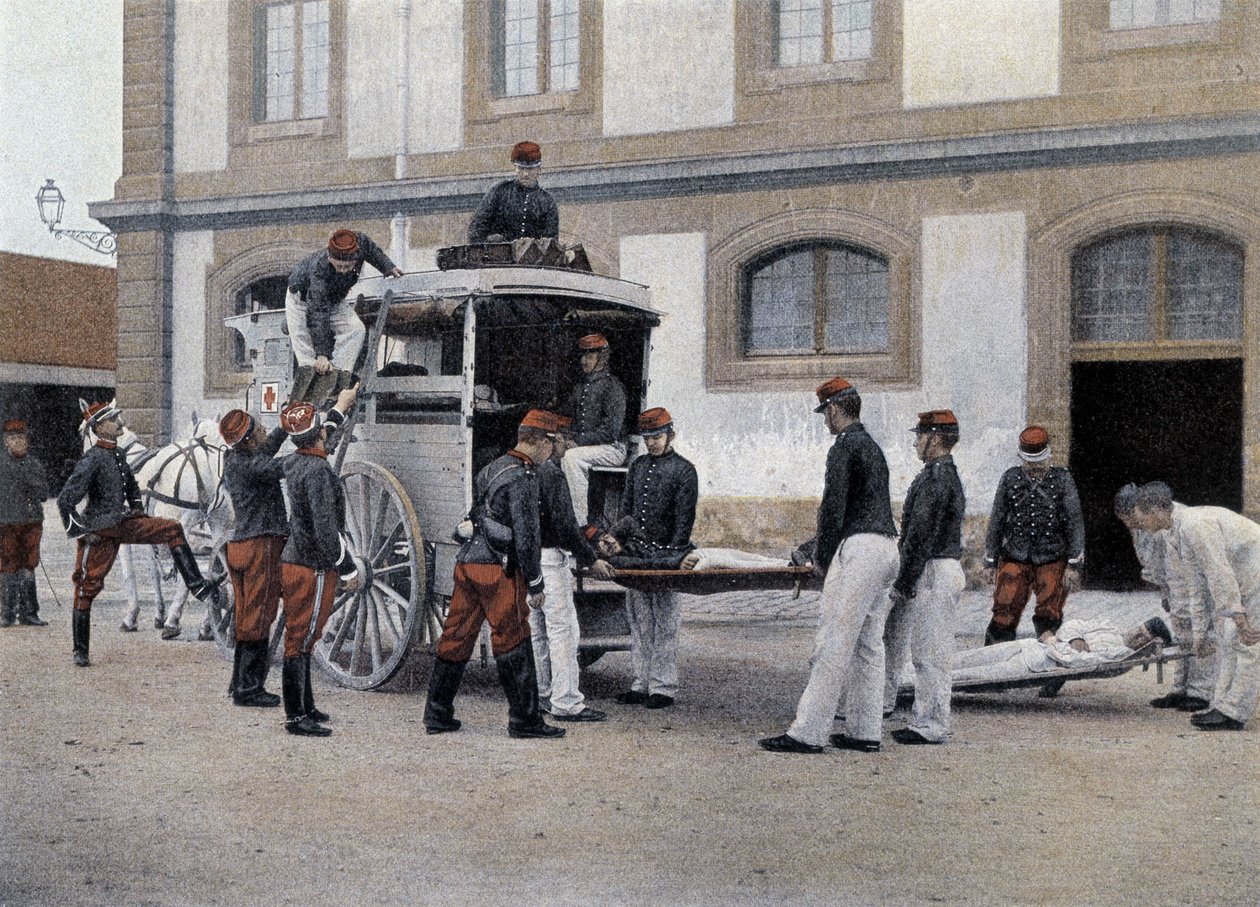 Loading the wounded in an ambulance - in Military Album - Crew Train by French School