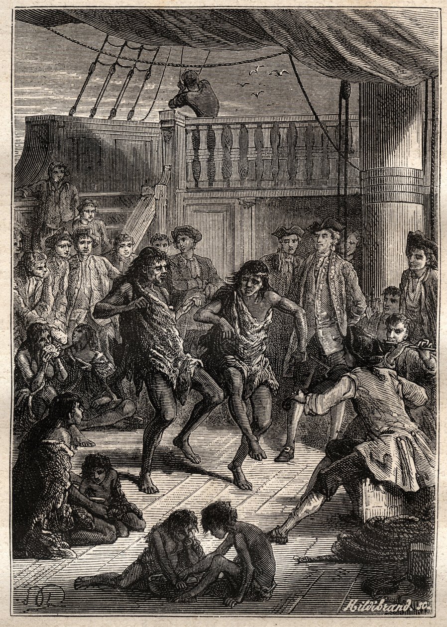 Louis Antoine, Count of Bougainville (1729-1811) received the inhabitants of the Bay Fortescue (Detroit of Magellan) in his boat 