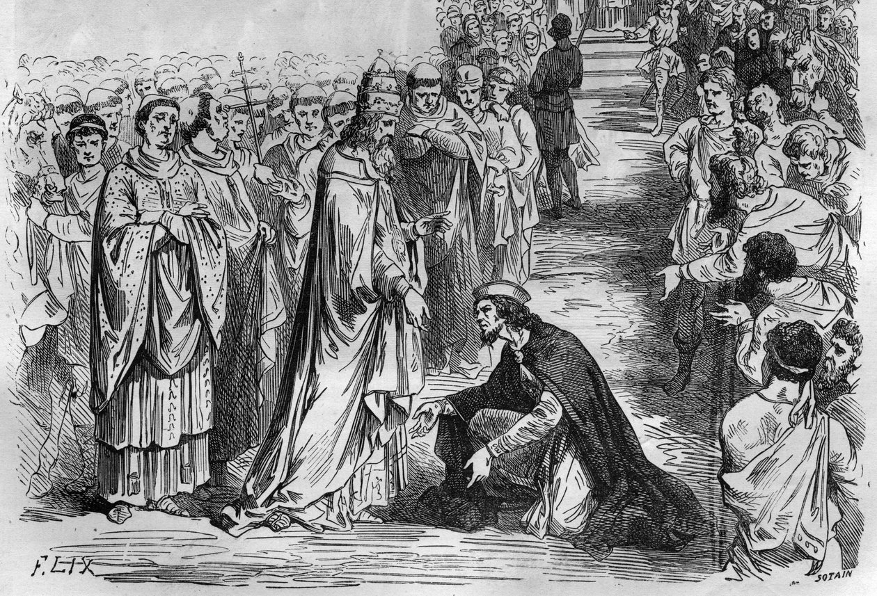 Louis I The Pious or The Debonnaire (778-840) at the knees of Pope Stephen V (pope from 896 to 897). Engraving in 