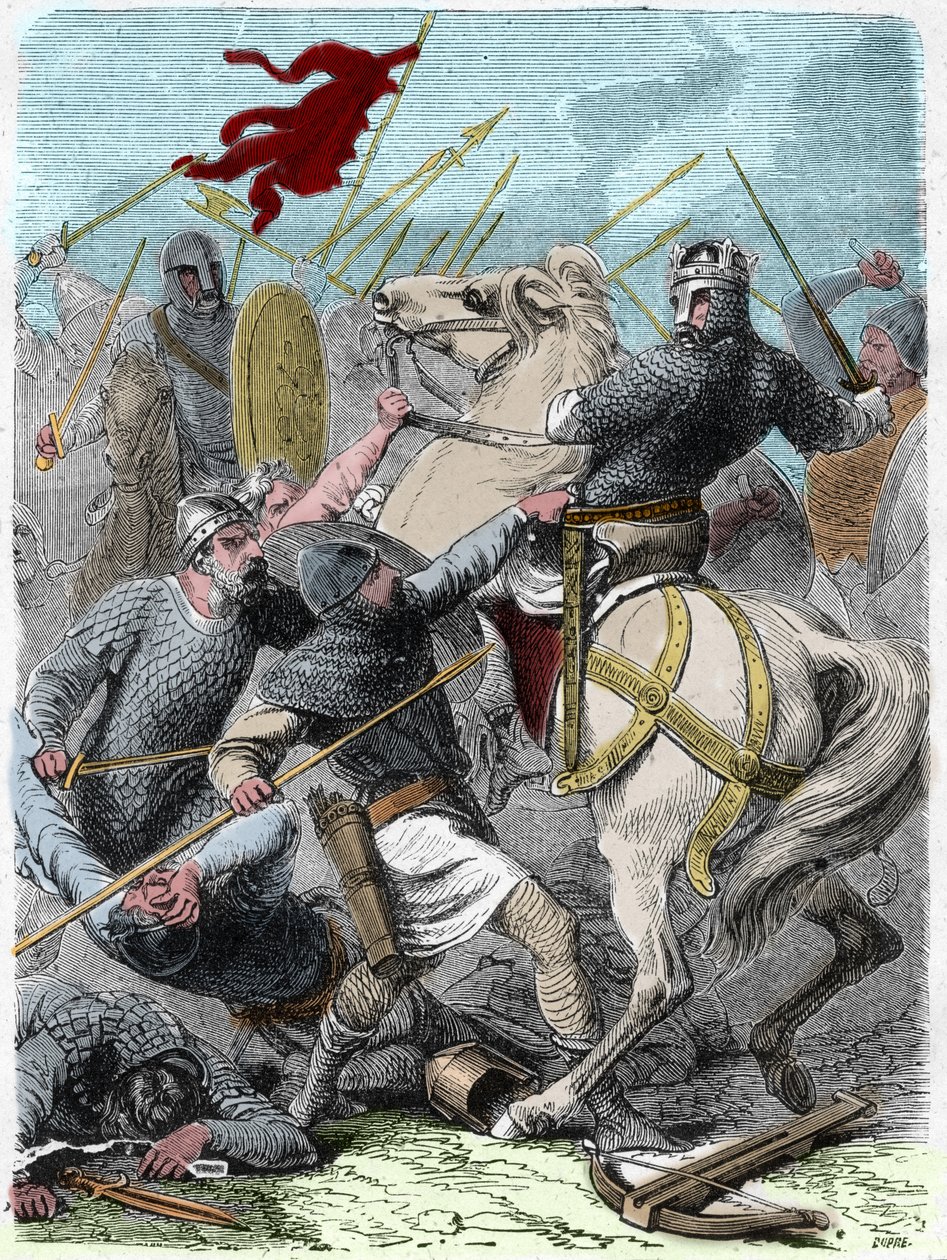 Louis VI called “The Fat” (1081 - 1137), in the battle of Brenneville, attempted to take Normandy from King Henry I of England in 1119. Engraving in “Histoire De France En Cent Paintings by Paul Lehugeur” 1891. by French School
