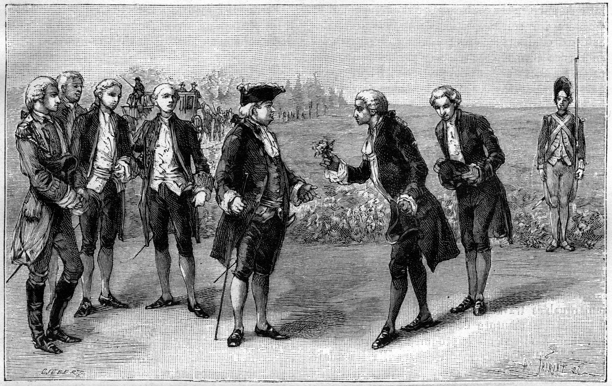 Louis XVI visiting the first potato field in the plain of the Sablons, Antoine Augustin Parmentier offered him potato flowers, around 1785. Engraving in 