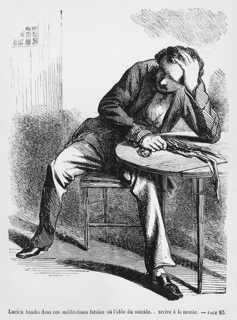 Lucien de Rubempre thinking of suicide, illustration from Splendors and Miseries of Courtesans by Honore de Balzac, published 1867 by French School