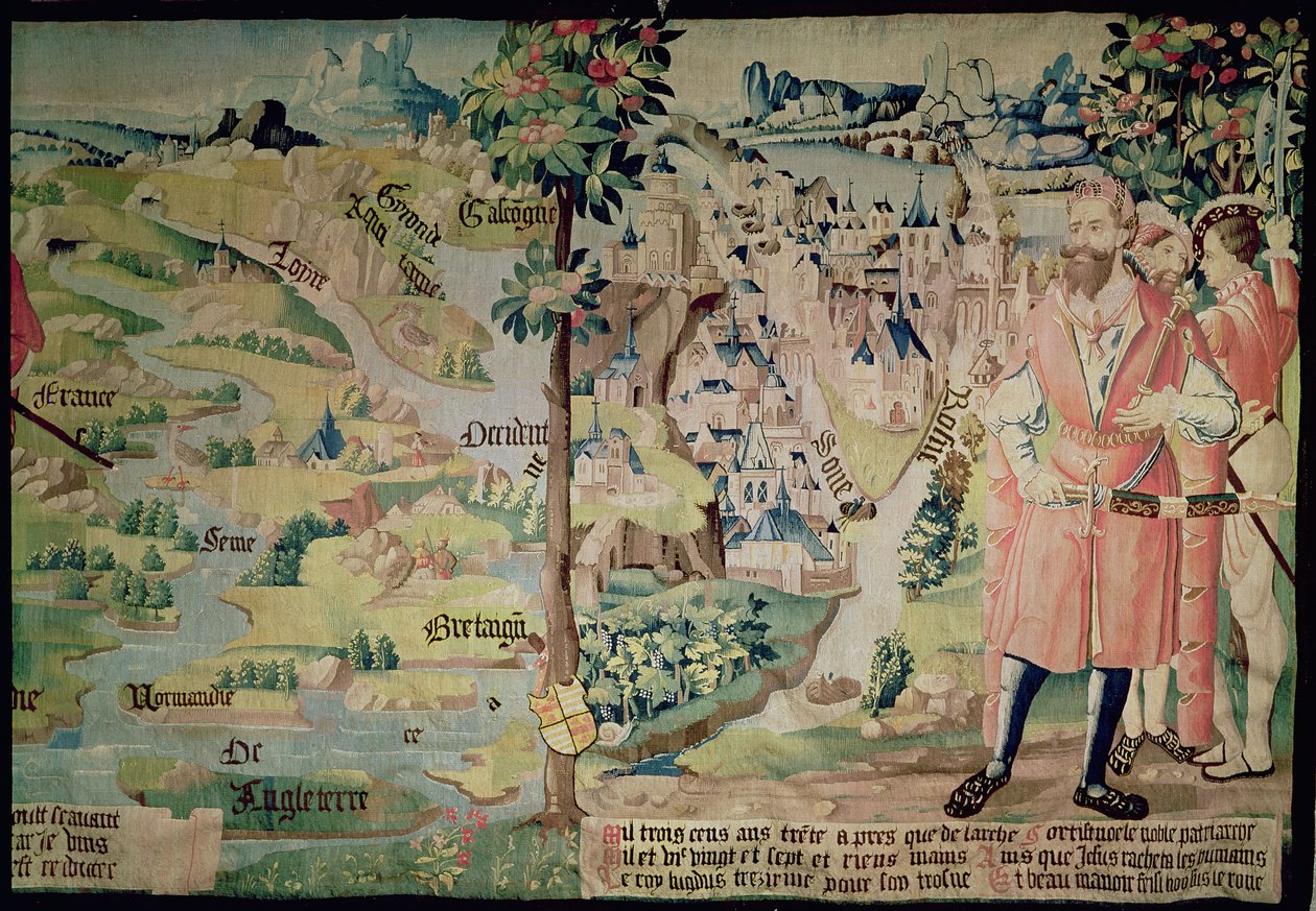 Lugdus (1672-21 BC) before a representation of the City of Lyon, Arras workshop, c.1530 by French School