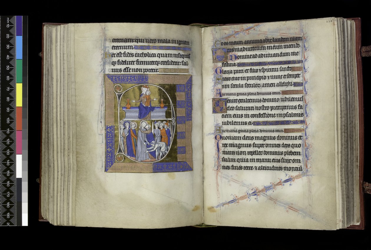 Matins, Virgin and Child seated between two vases on bench (above); Betrayal of Christ, with Judas kissing Christ, and St Peter cutting off Malchus’ ear (below), from the Psalter and Hours of Isabella of France, Paris, c.1265-70 by French School