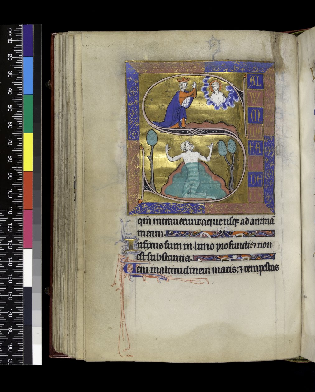 David Prays to God (above), David Sinks in Water (below), from the Psalter and Hours of Isabella of France by French School