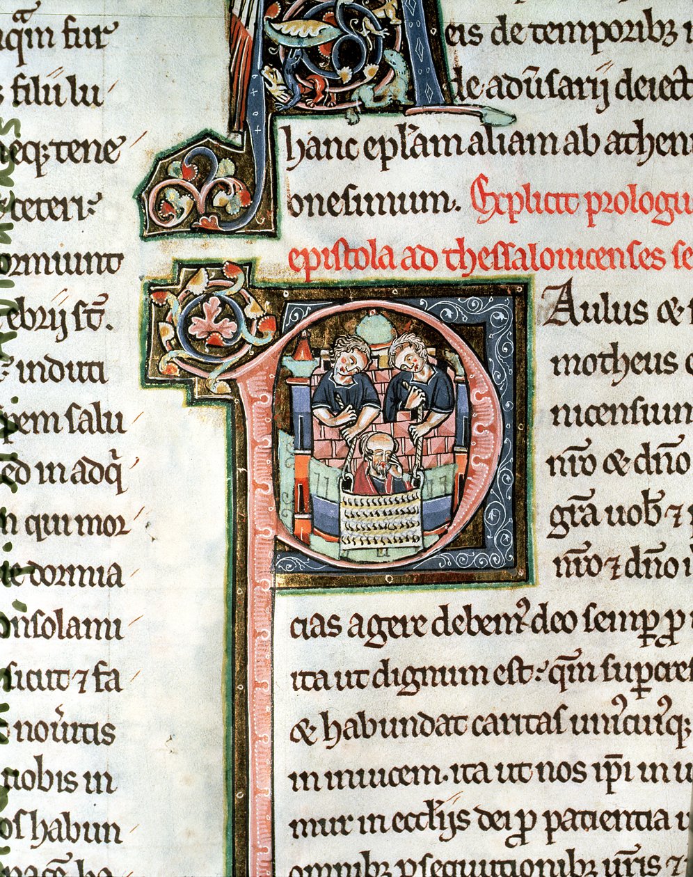 The Escape of Saint Paul from Damascus, illuminated initial letter P, 13th century, from the Avranches Bible by French School