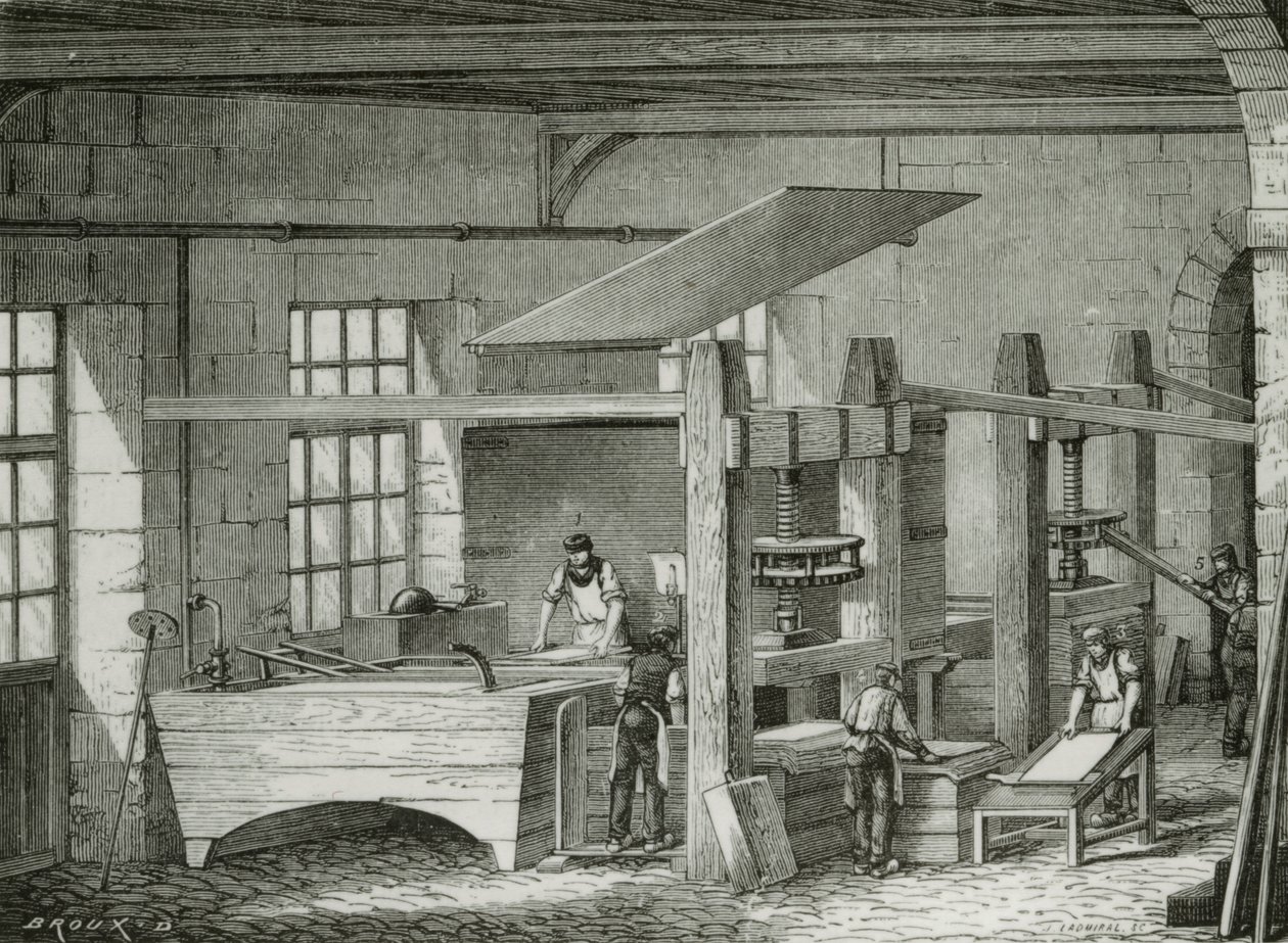 Making paper by hand by sieving pulp in forms. Engraving c1870 by French School