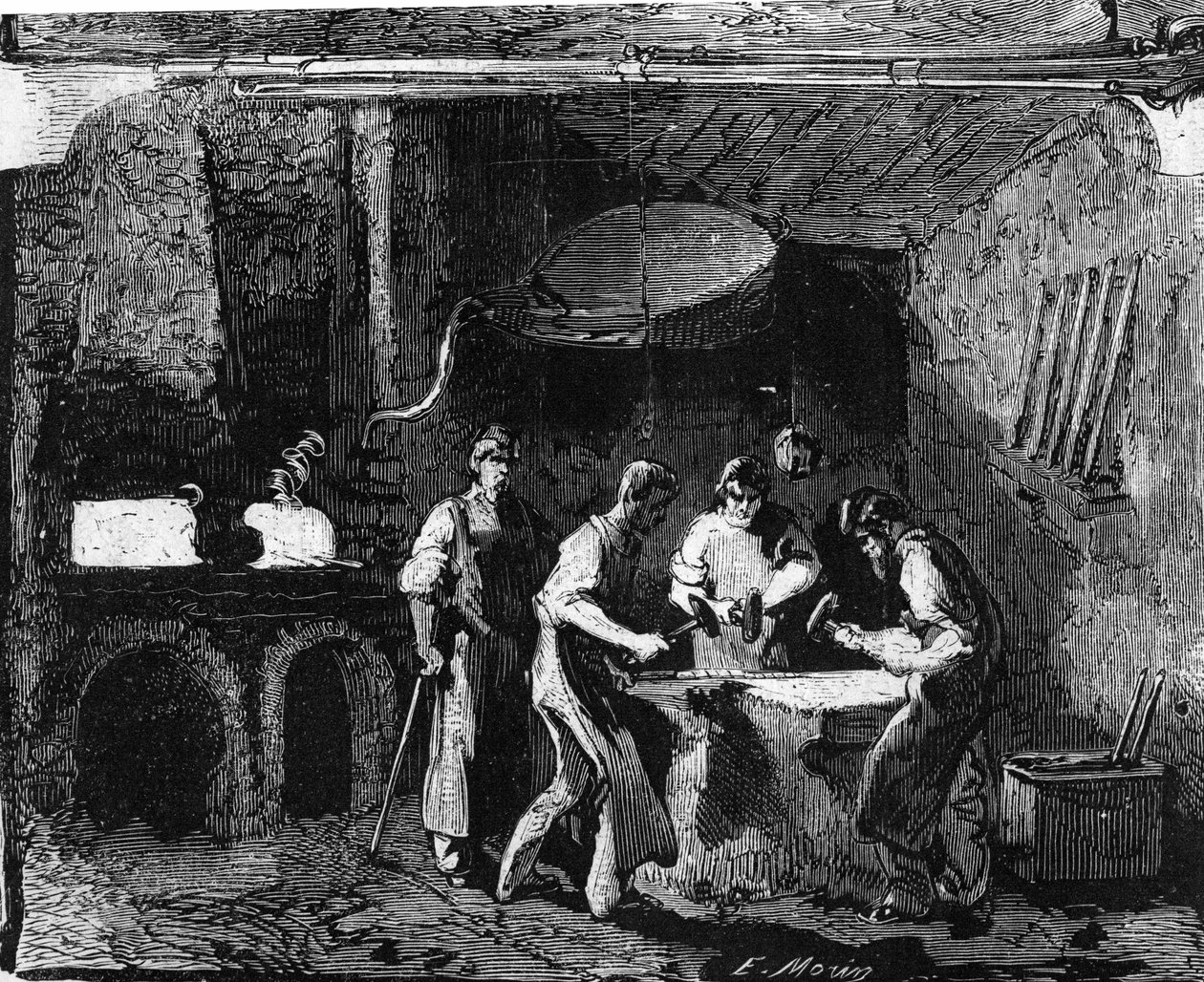 Manufacture of Rifle Cannons: Workers Working Iron with a Hammer, After Melting, to Make Plates. Engraving in 