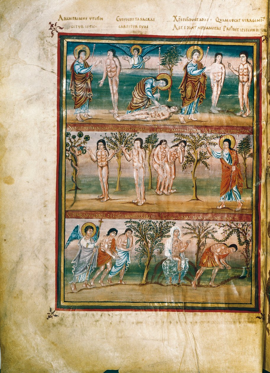 Manuscript page representing episodes from the life of Adam and Eve: creation of Adam and Eve. The original sin. Expulsion from Paradise by French School
