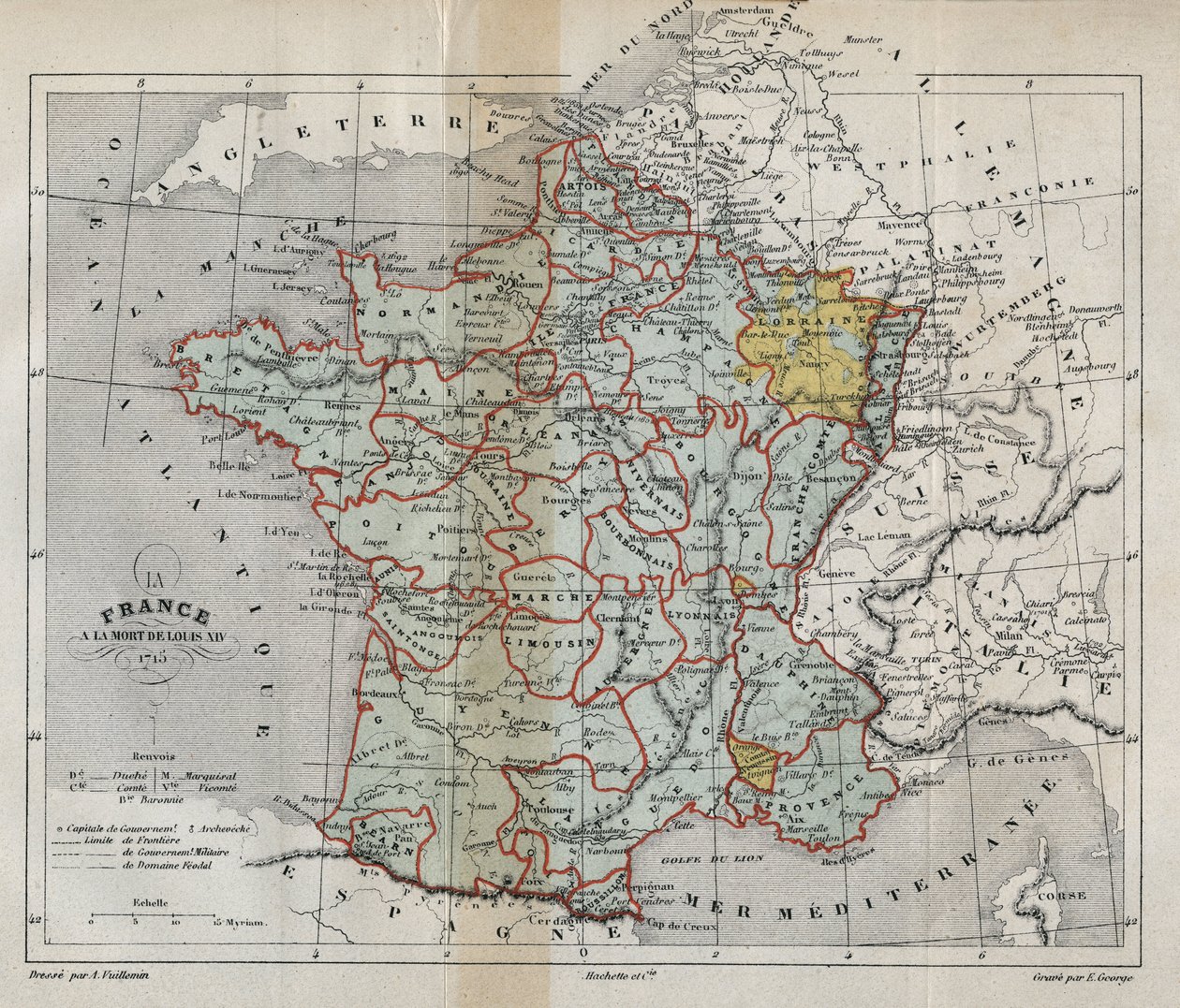 Map of France on the death of Louis XIV in 1715 - engraving in 