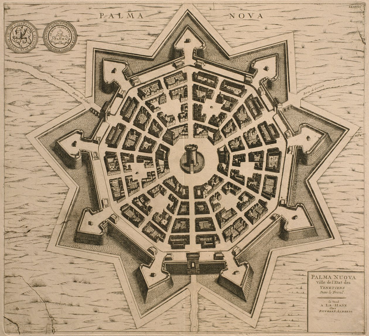 Map of Palmanova, from Les Villes de Venetie, 1704, published by Rutgert Alberts in the Hague by French School