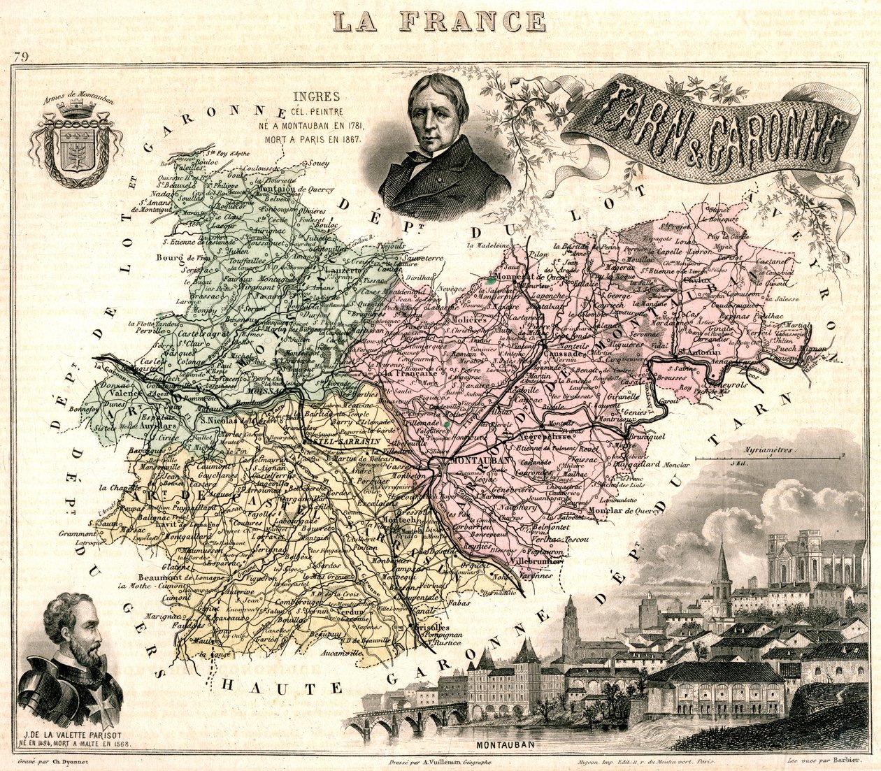Map of Tarn-et-Garonne with a View of Montauban and Portraits of Ingres and Jean Parisot de La Valette by French School