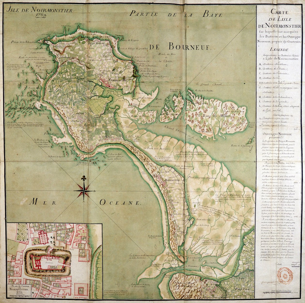 Map of the island of Noirmoutier accompanied by a map of the castle, made in 1769 by French School