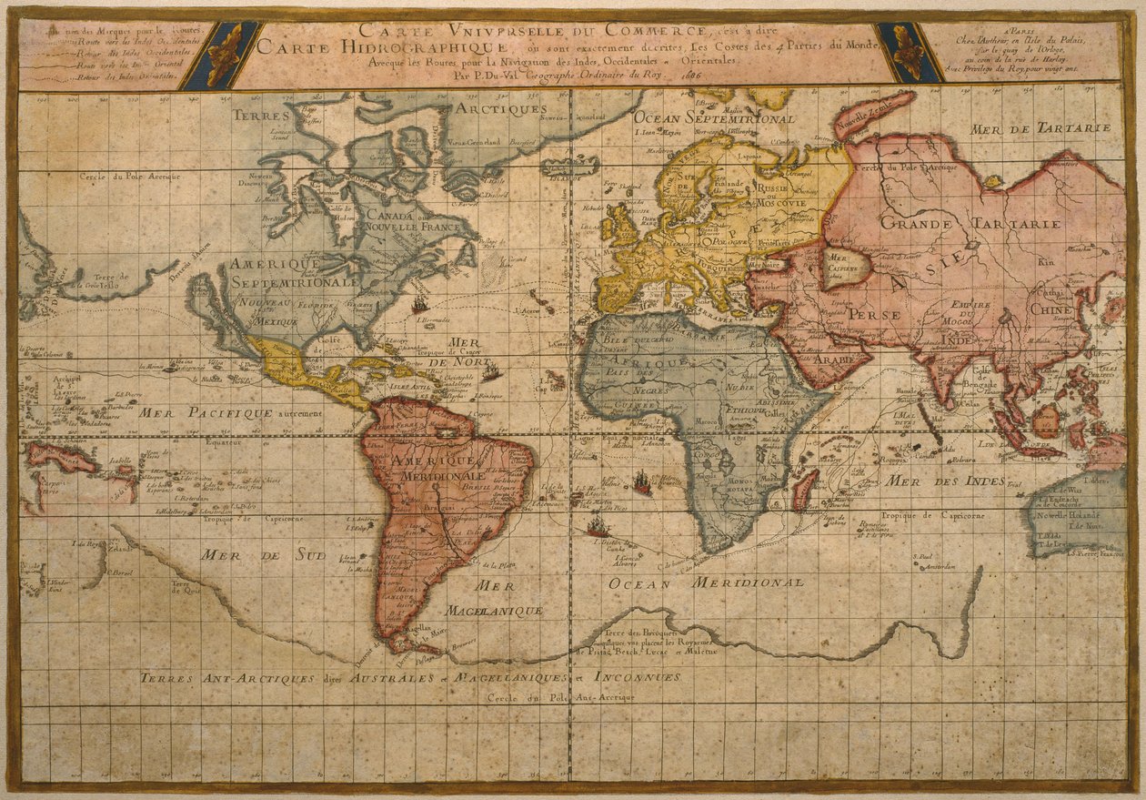Map showing the world trade shipping routes, cartography by Pierre Duval published in 1686, Paris by French School