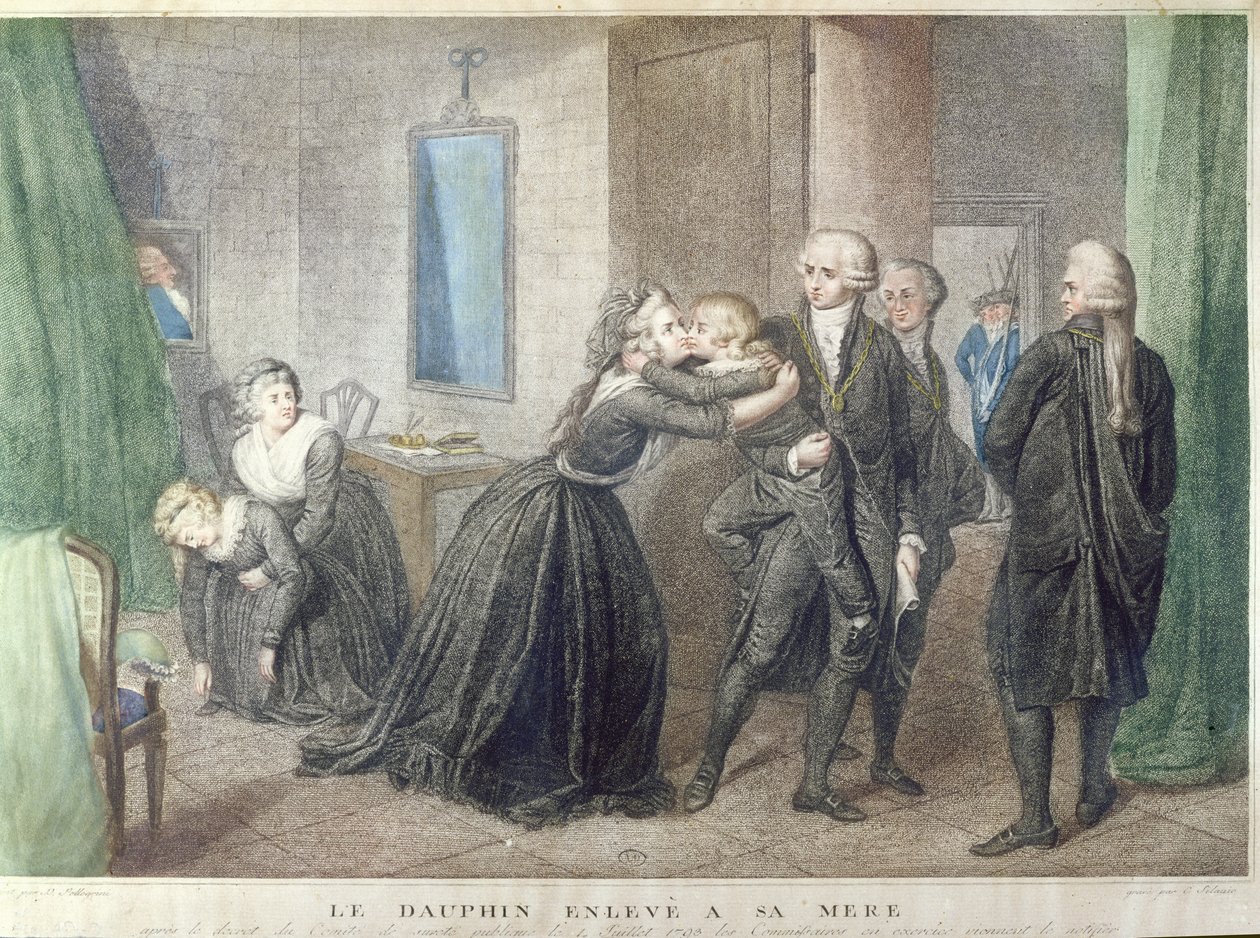 Marie-Antoinette bids farewell to her son the Dauphin, Louis-Charles de Bourbon at the Temple, 3rd July 1793 by French School