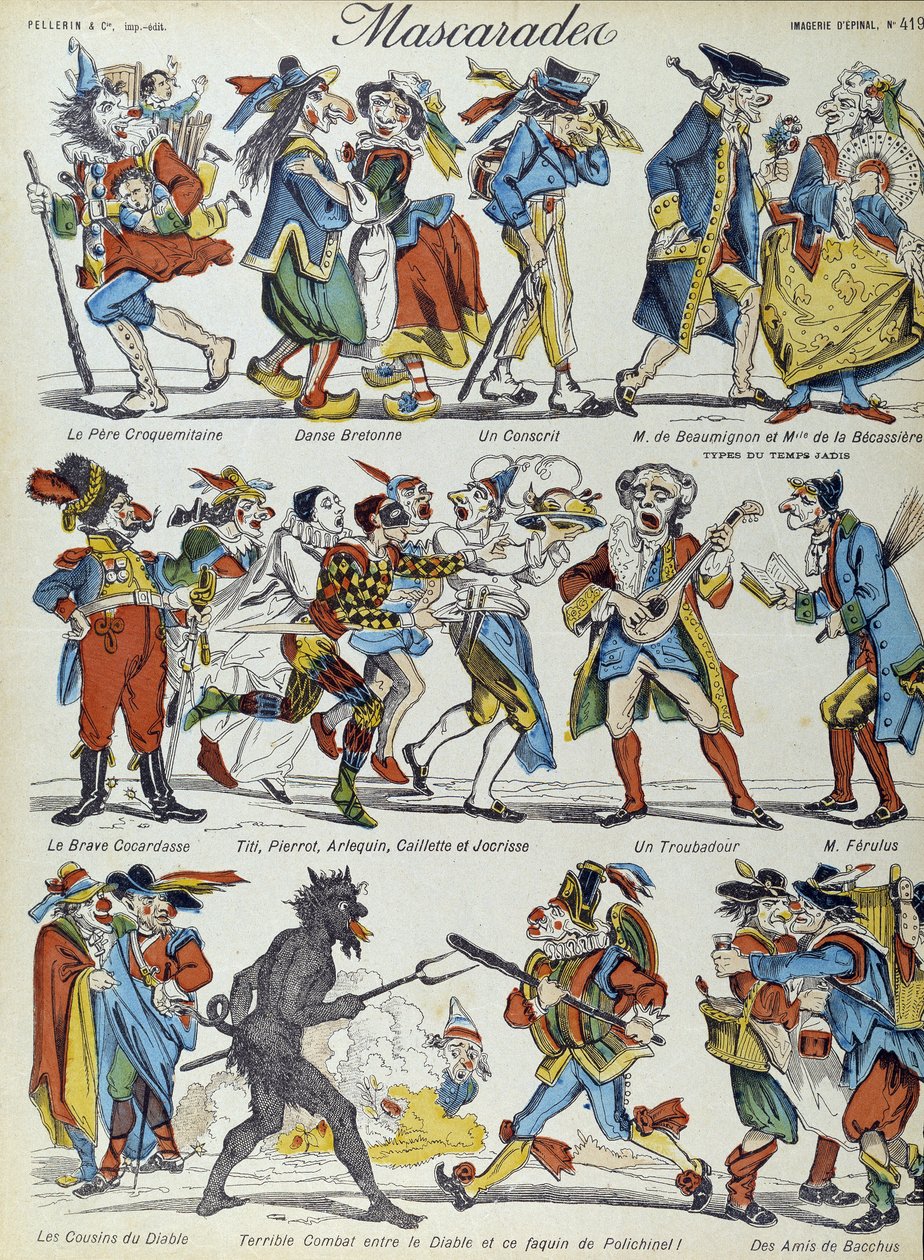 Masquerade: masked caricature characters - Image of Epinal by French School
