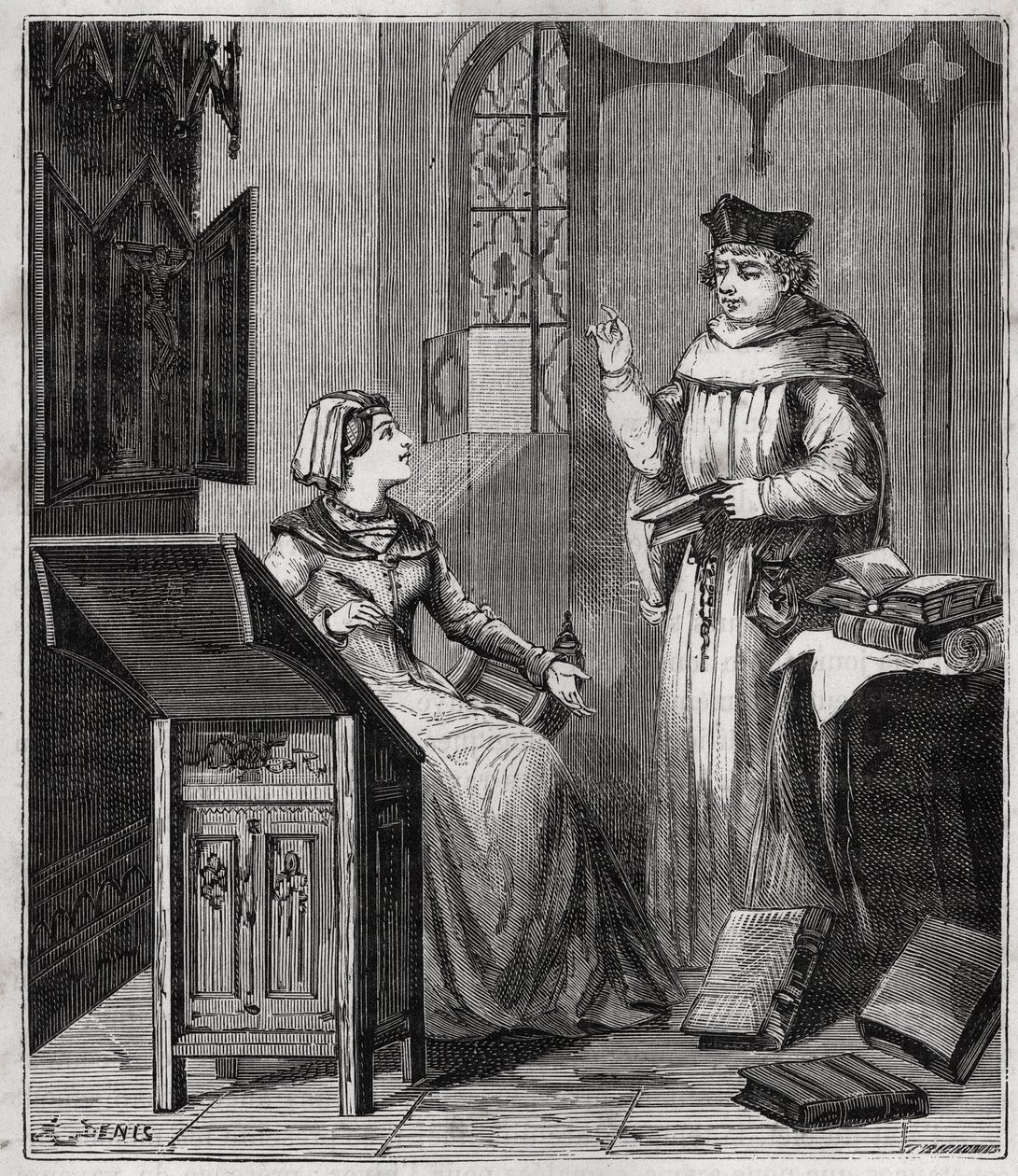 Matthieu Lansbert (15th-16th Century) and His Niece (engraving in 
