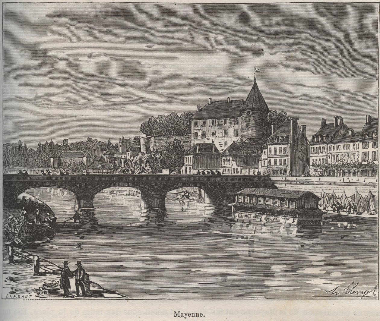 Mayenne is a Commune in the West of France in the Region of Pays de la Loire - Engraving in 