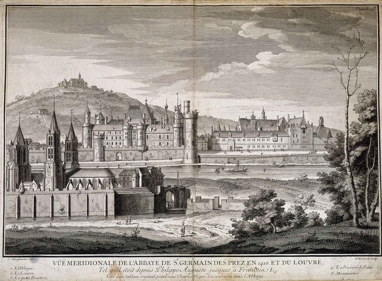 Meridional view of the abbey of Saint Germain des Pres and the Louvre in 1410 - engraving by French School