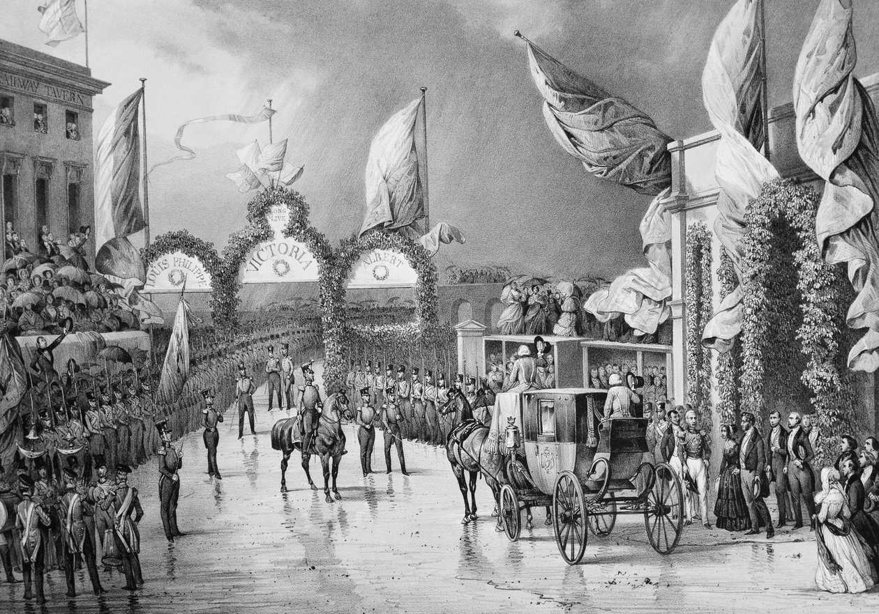 Military honours to King at Gosport - Louis Philippe I (1773-1850), King of the French, Prince Albert (1819-1861) and Victoria (1819-1901), Queen of England at Gosport Station during the official voyage of Louis-Philippe to Britain (1844) by French School