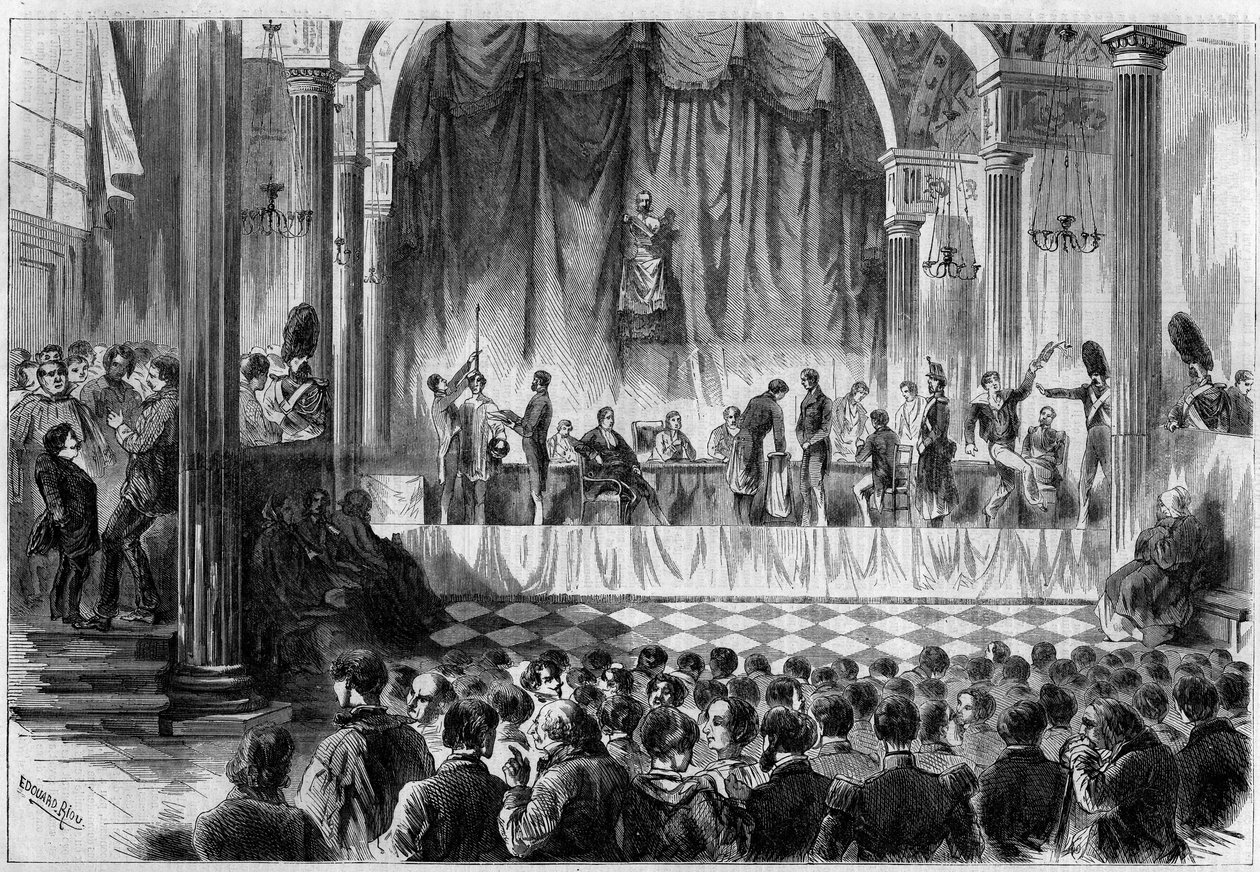 Military recruitment: draw of lots for conscripts of 1858, in the Saint Jean room of the Hotel de Ville in Paris. Engraving in 